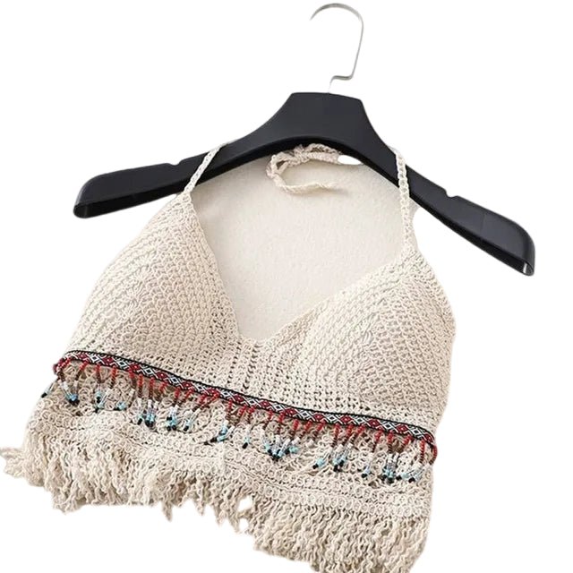 Boho Crochet Knit Halter Crop Top Apricot-2 Beachwear Australia