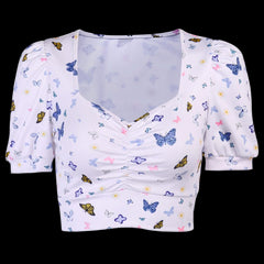 Butterfly Print Puff Sleeve T-shirt for Women White Beachwear Australia