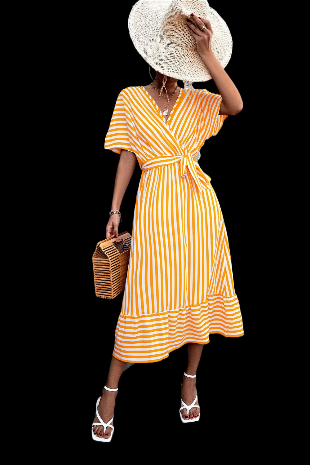Chic Vibe: V-neck Lace-up Striped Dress Yellow Beachwear Australia