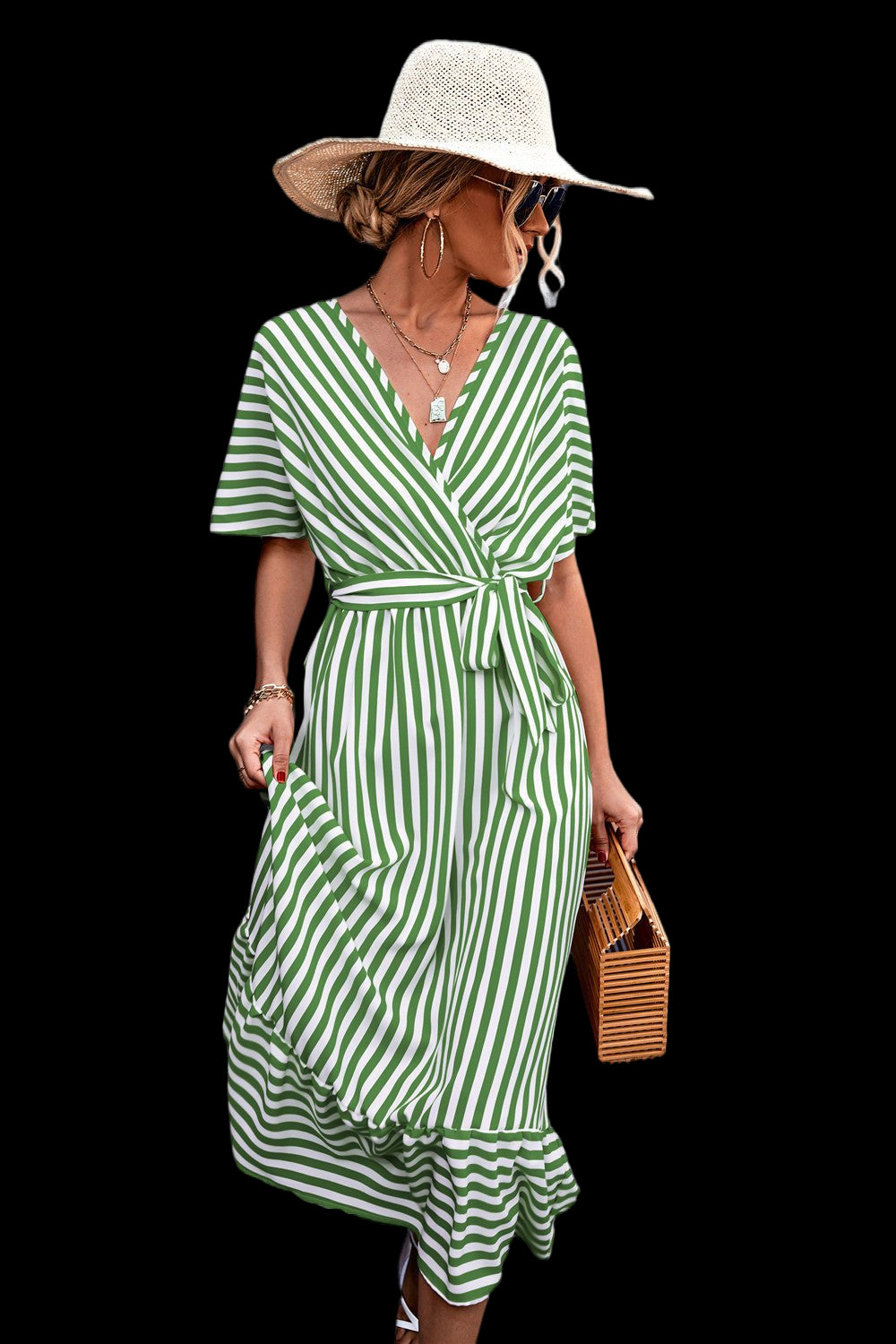 Chic Vibe: V-neck Lace-up Striped Dress Black Beachwear Australia