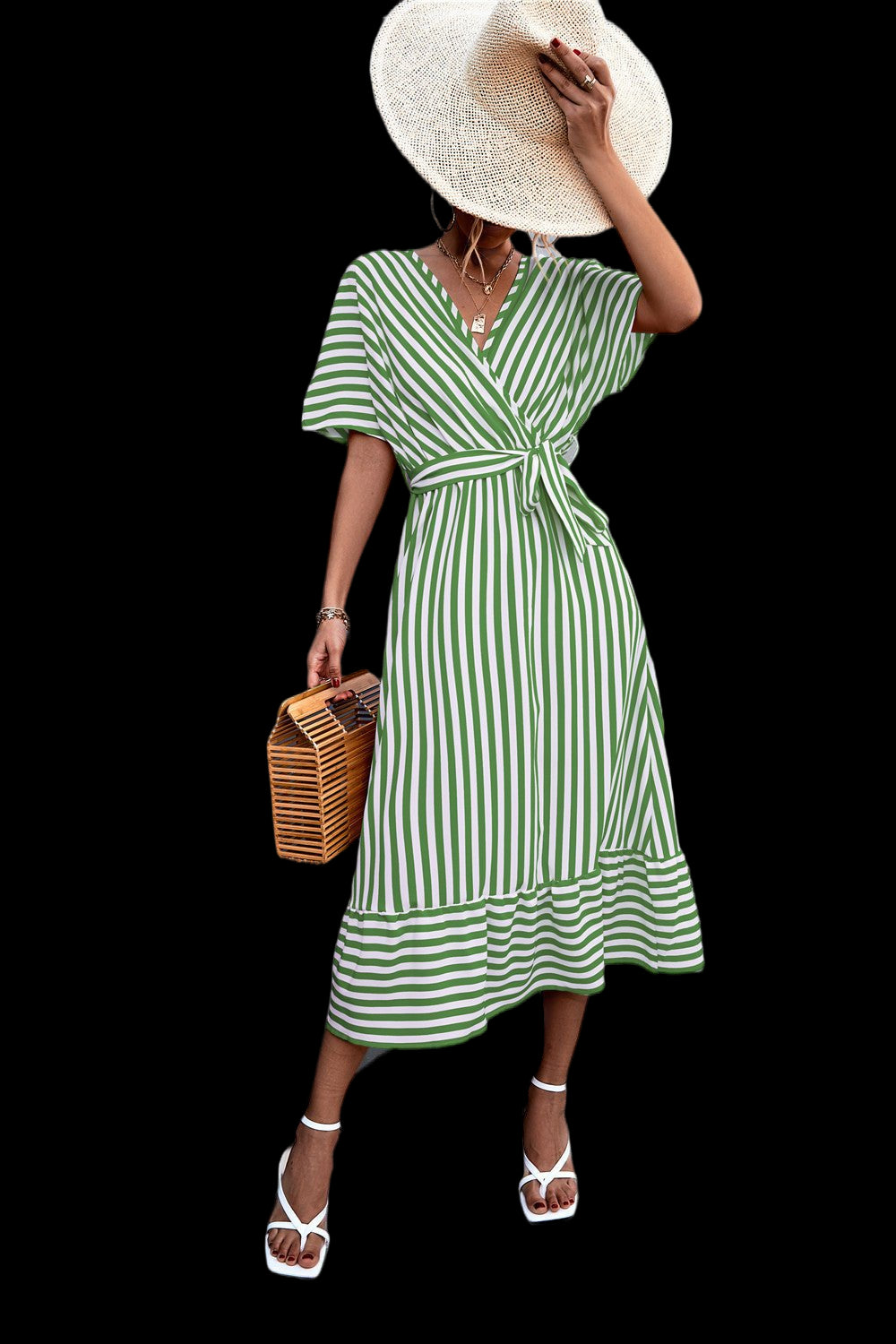 Chic Vibe: V-neck Lace-up Striped Dress Green Beachwear Australia