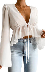 Chiffon Long Sleeve V-neck Sexy Women's Blouse White Beachwear Australia