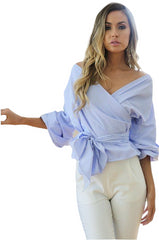Cross waist Lace Blouse for women Blue stripes Beachwear Australia