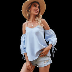 Long-Sleeved Slim Halter Blouse Blue Beachwear Australia
