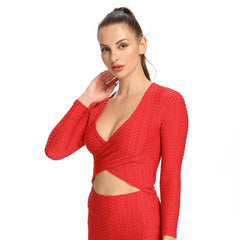 Chic Jacquard Cross-Slim Long-Sleeved Yoga Top for Women Red Beachwear Australia