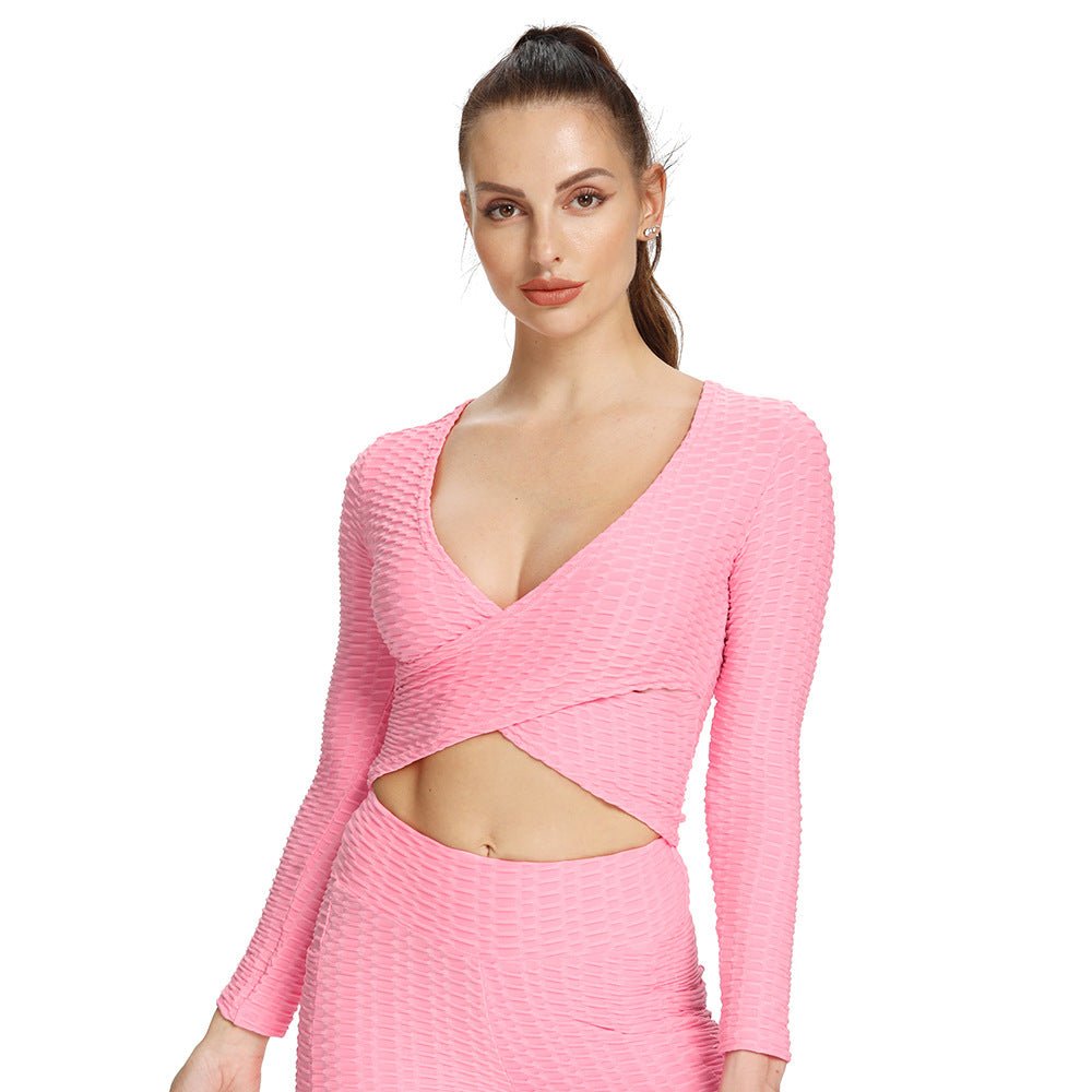 Chic Jacquard Cross-Slim Long-Sleeved Yoga Top for Women Pink Beachwear Australia
