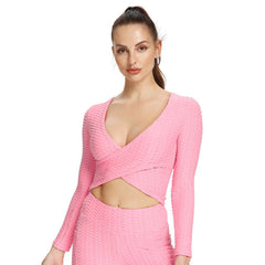 Chic Jacquard Cross-Slim Long-Sleeved Yoga Top for Women Pink Beachwear Australia