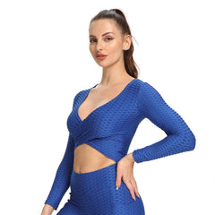 Chic Jacquard Cross-Slim Long-Sleeved Yoga Top for Women Blue Beachwear Australia