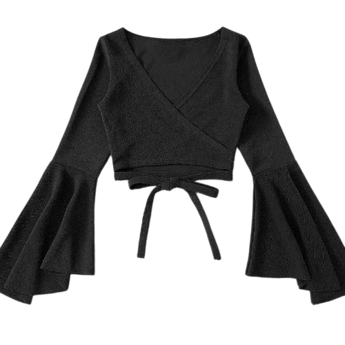 Long Sleeve Blouse with Flared Sleeves and Lace-Up Navel Detail black Beachwear Australia