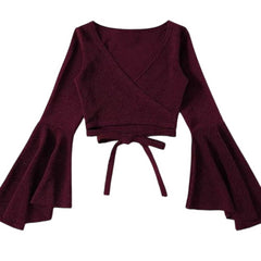 Long Sleeve Blouse with Flared Sleeves and Lace-Up Navel Detail Wine red Beachwear Australia