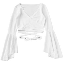 Long Sleeve Blouse with Flared Sleeves and Lace-Up Navel Detail white Beachwear Australia