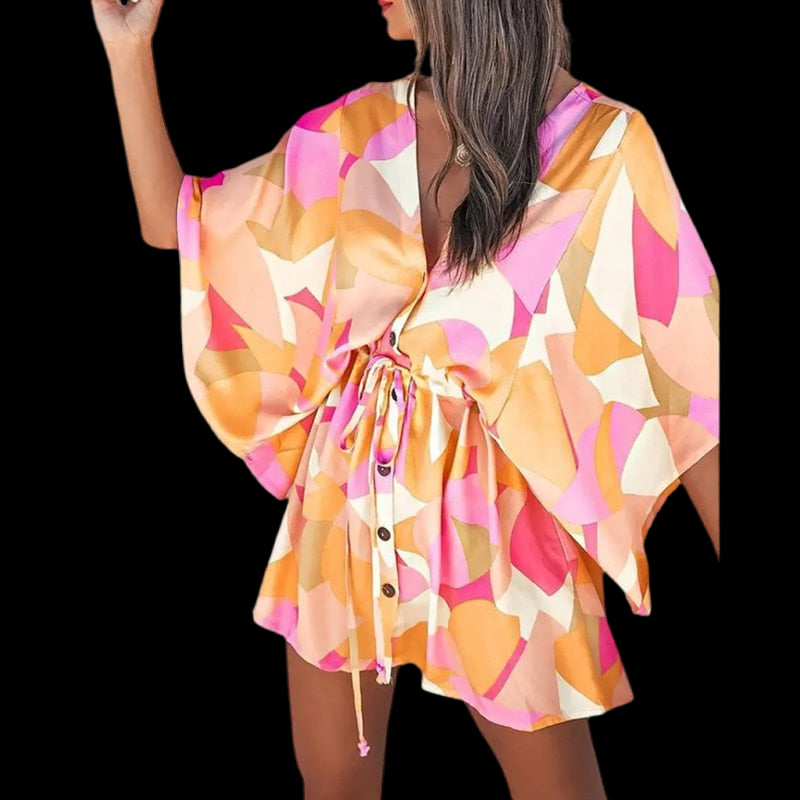 Flirty and Floral: Women's V-Neck Lace-Up Mini Dress 01 Pink Beachwear Australia