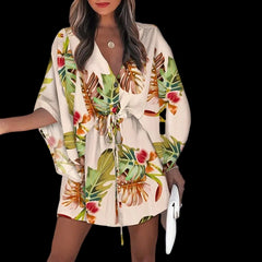 Flirty and Floral: Women's V-Neck Lace-Up Mini Dress 01 Khaki Beachwear Australia