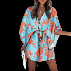 Flirty and Floral: Women's V-Neck Lace-Up Mini Dress 01 Light Blue Beachwear Australia