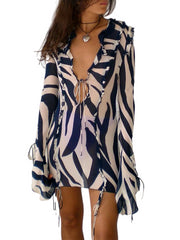 FSDA 2023: Women's Print Long Sleeve Mini Beach Dress Black Beachwear Australia