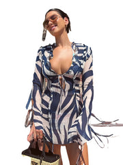 FSDA 2023: Women's Print Long Sleeve Mini Beach Dress Black Beachwear Australia