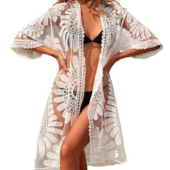 Lace & Embroidery Delight: Sheer Tunic Dress Cover-Up Beige Beachwear Australia