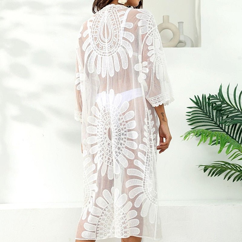 Lace & Embroidery Delight: Sheer Tunic Dress Cover-Up Beige Beachwear Australia