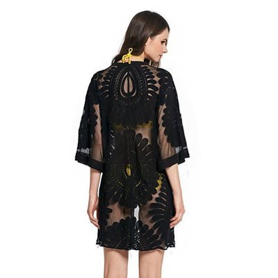 Lace & Embroidery Delight: Sheer Tunic Dress Cover-Up Black Beachwear Australia
