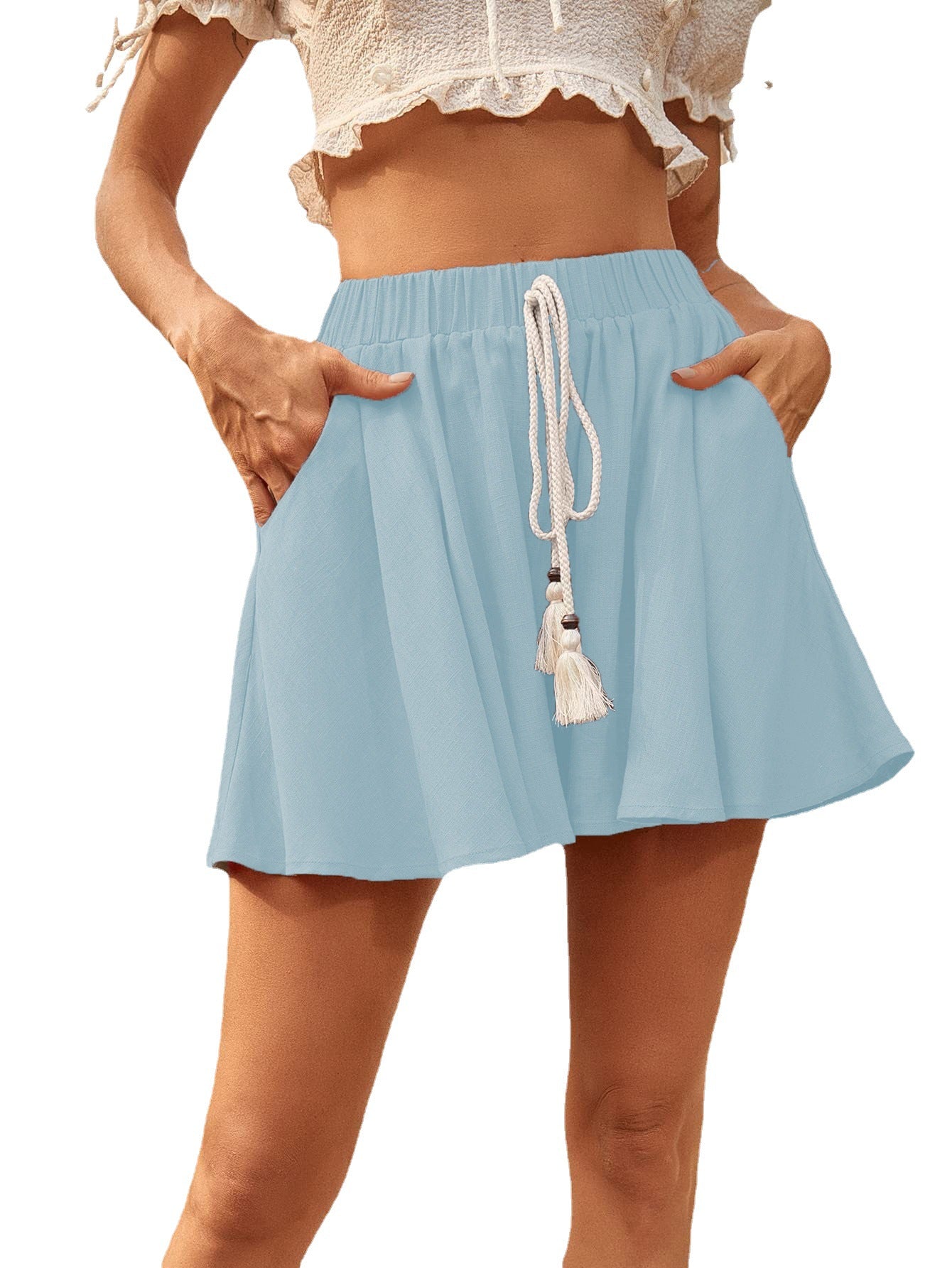 Ladies Casual Drawstring Comfortable Cotton Linen Shorts Sky blue Beachwear Australia