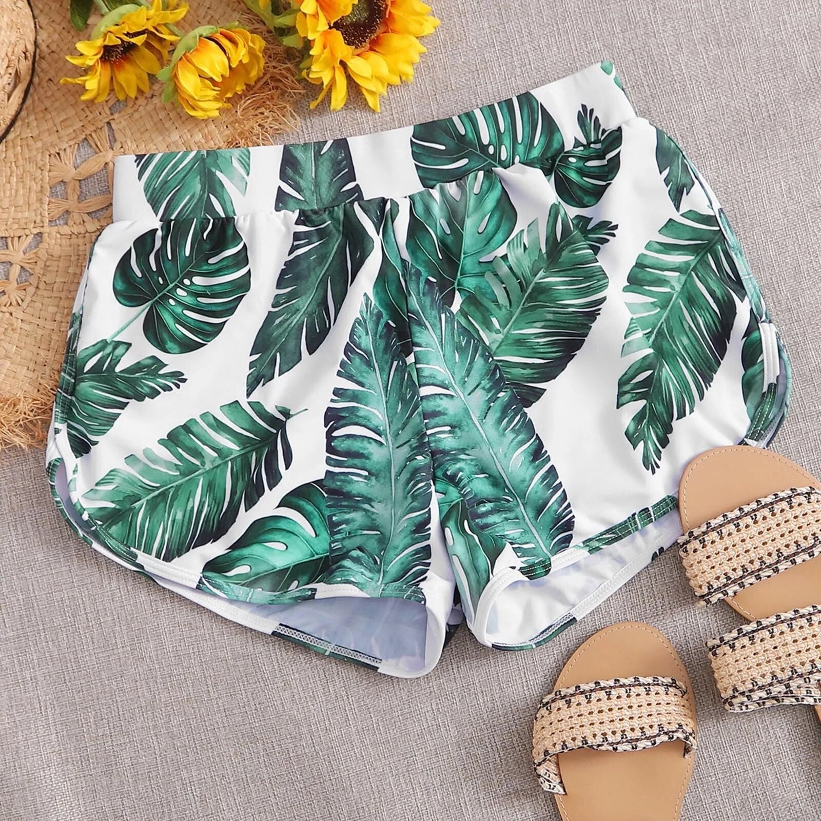 Leaf Print High-Waisted Swim Shorts White Beachwear Australia
