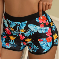 Leaf Print High-Waisted Swim Shorts Red Beachwear Australia