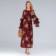 Loose Fitting Petal Sleeve Floral Printed Dress Wine Red Beachwear Australia