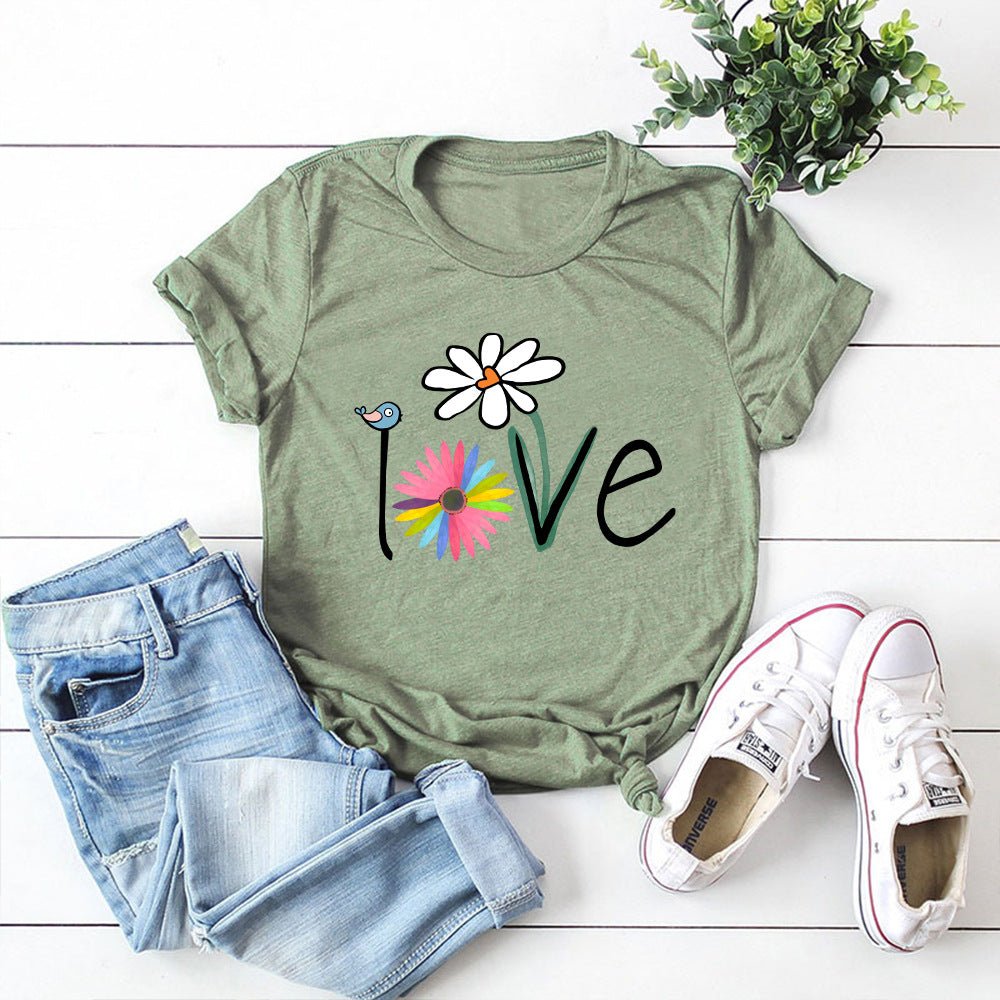 Love Bird Floral Delight Short Sleeve T-Shirt for Women Olive green Beachwear Australia