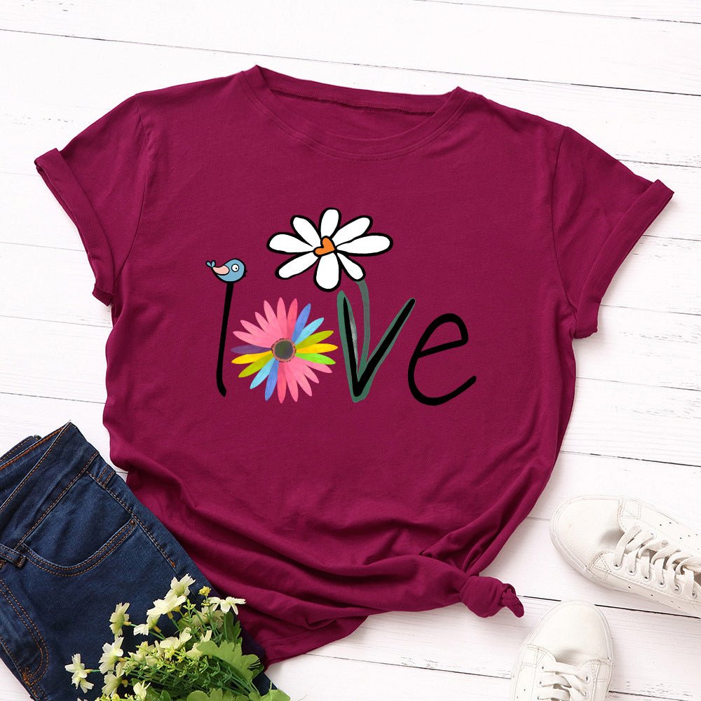 Love Bird Floral Delight Short Sleeve T-Shirt for Women Wine red Beachwear Australia