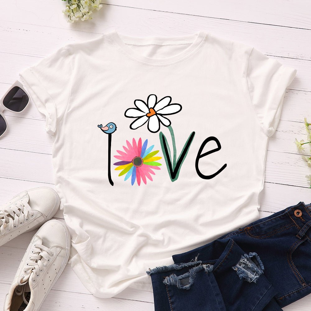Love Bird Floral Delight Short Sleeve T-Shirt for Women White Beachwear Australia