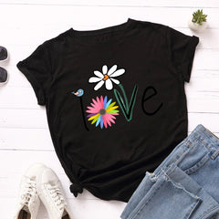 Love Bird Floral Delight Short Sleeve T-Shirt for Women Black Beachwear Australia