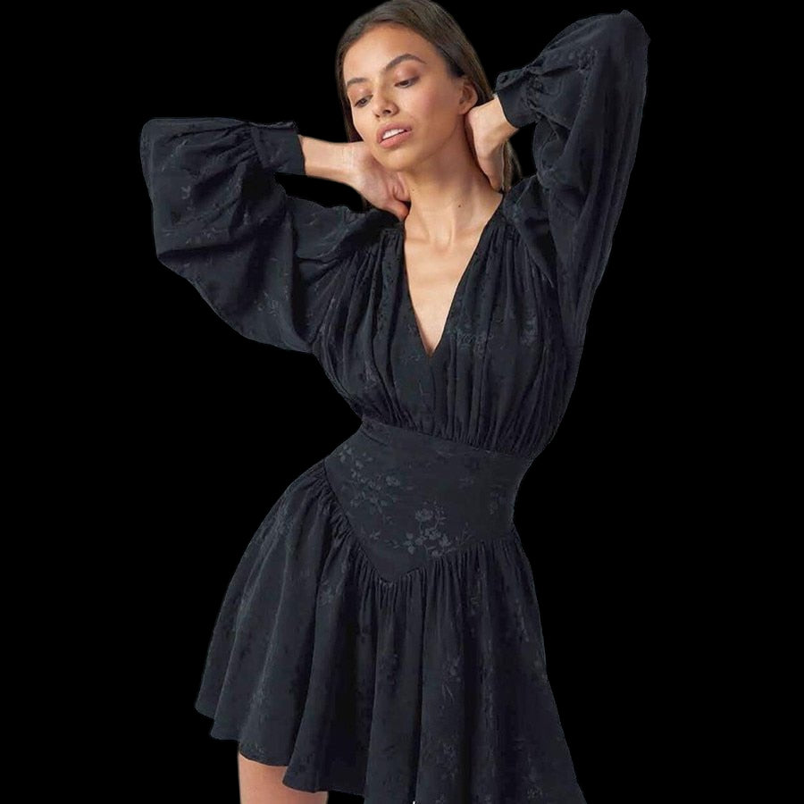 Mini Dress with Lantern Full Sleeves, Pleated Slim Fit Black Beachwear Australia
