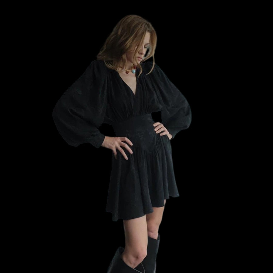 Mini Dress with Lantern Full Sleeves, Pleated Slim Fit Black Beachwear Australia