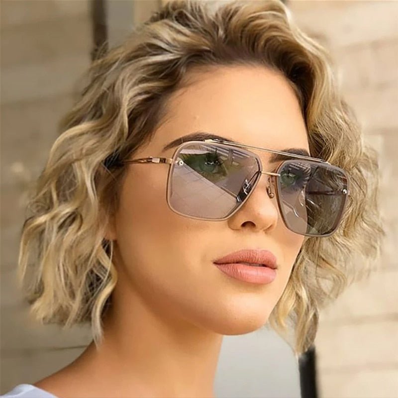 Modern Elegance: Double Bridge Metal Frame Gradient Sunglasses Gold Tea Beachwear Australia