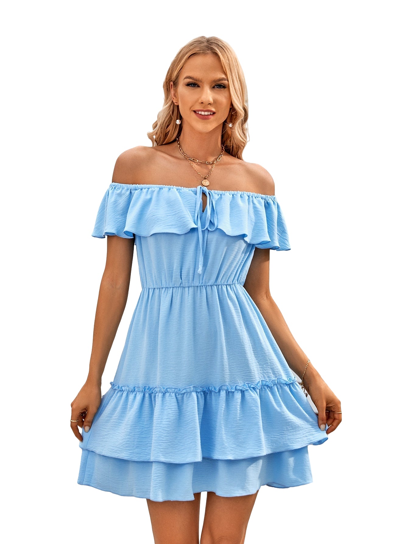 Off-Shoulder Ruffle Dress for Women Light Blue Beachwear Australia