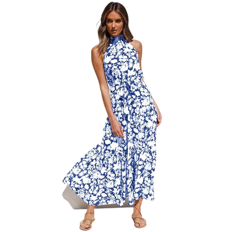 Polka Dot Perfection: Women's Boho Style Halter Maxi Dress Blue Flower Beachwear Australia