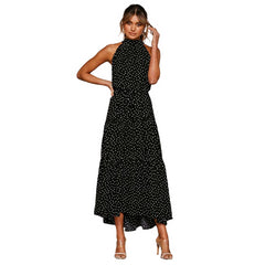 Polka Dot Perfection: Women's Boho Style Halter Maxi Dress Black Beachwear Australia