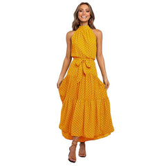 Polka Dot Perfection: Women's Boho Style Halter Maxi Dress Yellow Beachwear Australia