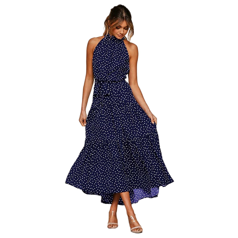 Polka Dot Perfection: Women's Boho Style Halter Maxi Dress Navy Blue Beachwear Australia