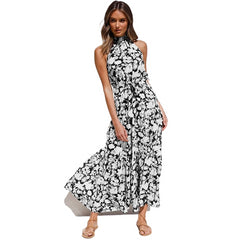 Polka Dot Perfection: Women's Boho Style Halter Maxi Dress Black Flower Beachwear Australia