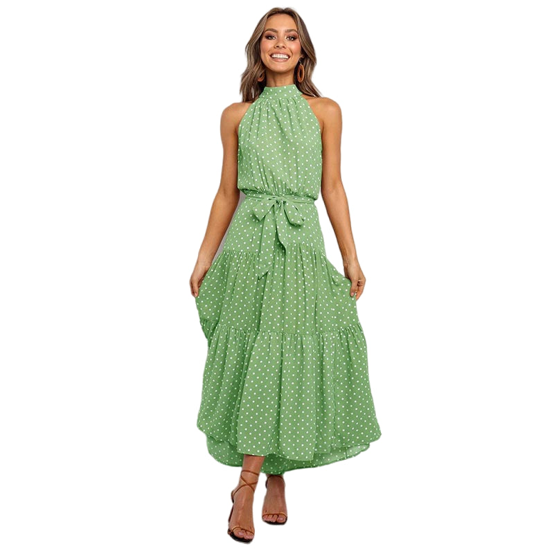 Polka Dot Perfection: Women's Boho Style Halter Maxi Dress Green Beachwear Australia