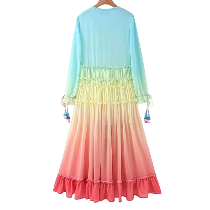 Romantic Boho Vibes: Women's Gradient Multicolor Long Summer Dress S Beachwear Australia