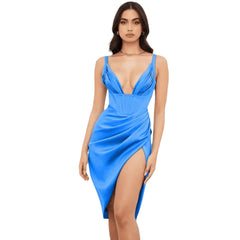 Satin Evening Dress with Low Cut and Thigh-High Slit Sky Blue Beachwear Australia