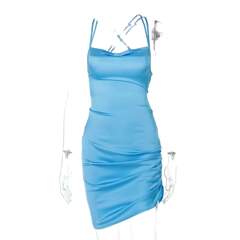 Satin Sensation: Dulzura Strap Mini Dress with Cross Bandage Back Blue Beachwear Australia