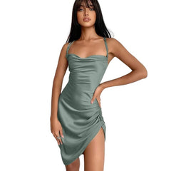 Satin Sensation: Dulzura Strap Mini Dress with Cross Bandage Back Dark green Beachwear Australia