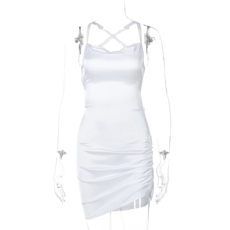 Satin Sensation: Dulzura Strap Mini Dress with Cross Bandage Back White Beachwear Australia