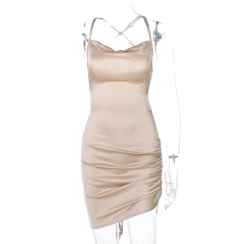 Satin Sensation: Dulzura Strap Mini Dress with Cross Bandage Back champagne Beachwear Australia