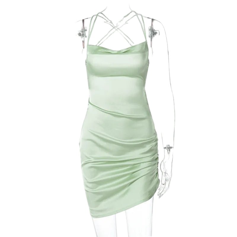 Satin Sensation: Dulzura Strap Mini Dress with Cross Bandage Back Green Beachwear Australia