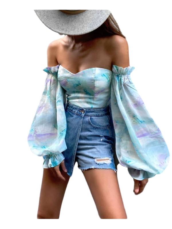 Printed Chiffon Blouse with Off-Shoulder Elegance and Lantern Sleeves Light Blue Beachwear Australia