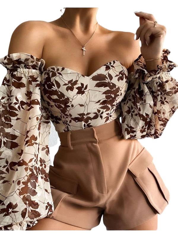 Printed Chiffon Blouse with Off-Shoulder Elegance and Lantern Sleeves Apricot Beachwear Australia